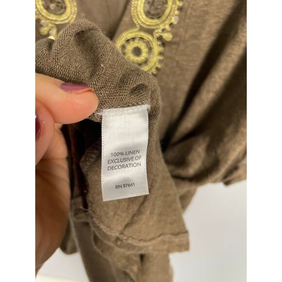 J. Jill, Size XL, Brown, 100% Linen Top, Gold Embroidered Neckline, Relaxed, EUC - Picture 4 of 7